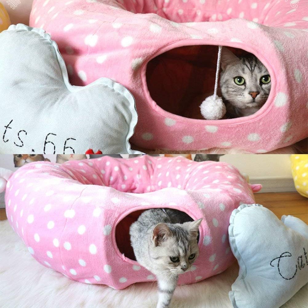 Pink Plush Polka Dot Cat Tunnel Bed with Central Mat