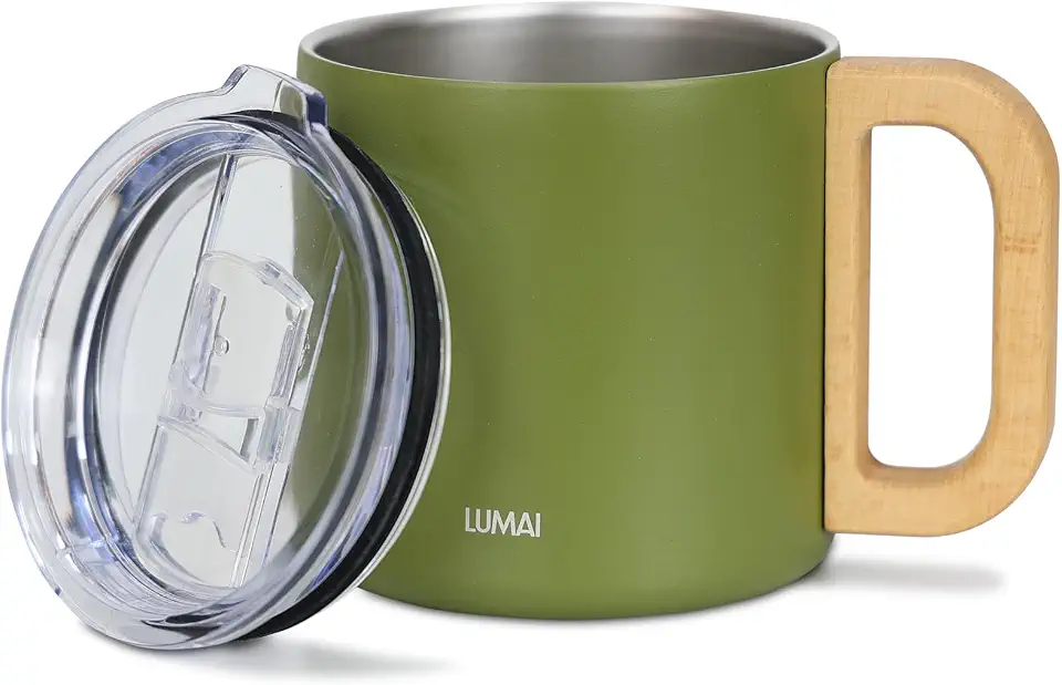 LUMAI Caneca Térmica 350ml, Inox 304 com Tampa e Alça de Madeira - Verde