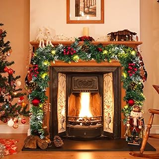 Cooraby Pre-lit Christmas Decoration Garland Christmas Artificial Green Pine Garlands with White LED Lights, 9 Feet