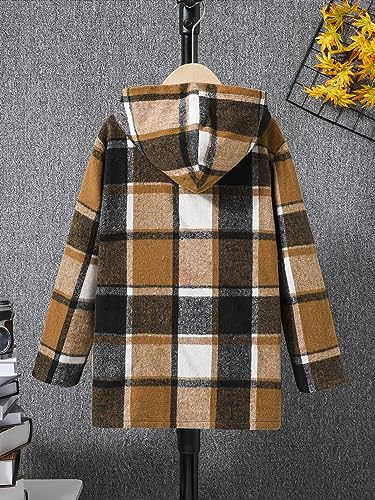 COZYEASE Boy's Plaid Print Button Down Hooded Coat Loose Midi Long Sleeve Outerwear Trendy Coat2