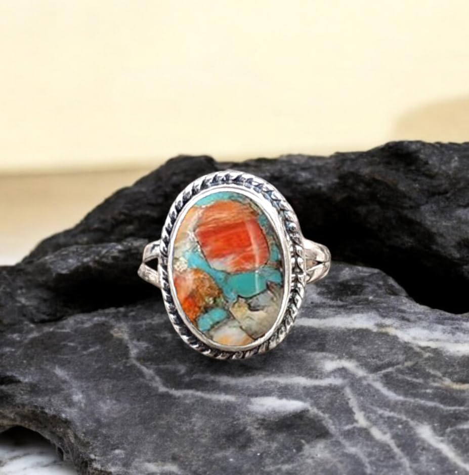 Spiny Oyster Copper Turquoise Ring 925 Sterling Silver Handmade Multicolor Gemstone Ring For Women Perfect Oval Shape Turquoise Jewelry Engagement Anniversary Unique Gift For Her2