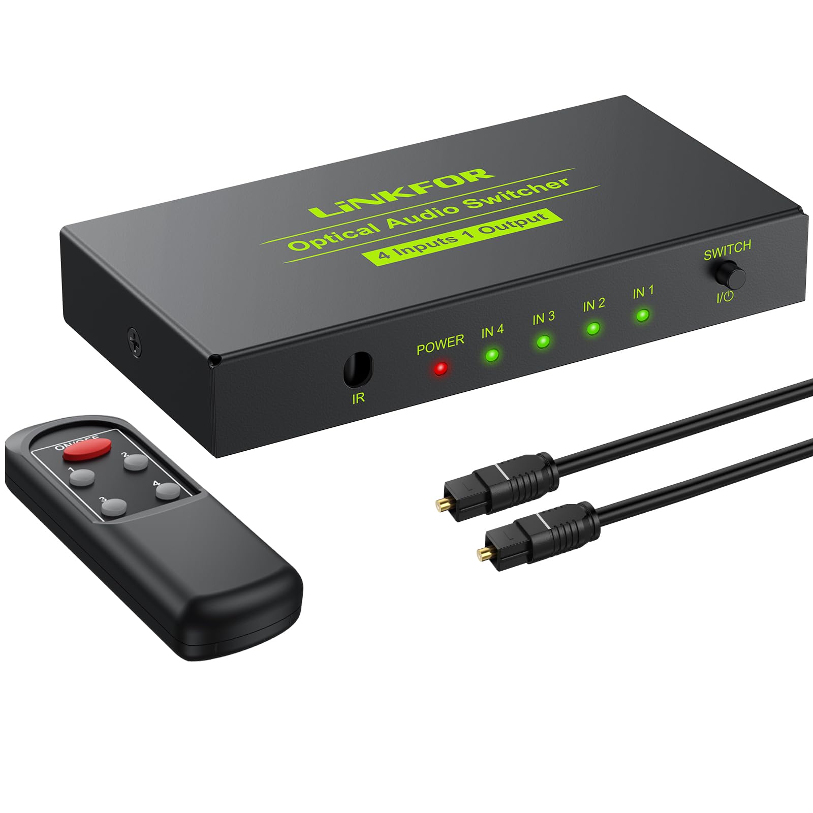 LiNKFOR 4x1 Switch Toslink SPDIF con IR Telecomando Supporto PCM2.0 DTS Dolby-AC3 Switcher Commutatore Audio Digitale 4 in 1 out in Lega di Alluminio Funziona Memoria con Cavo USB per PS3 DVD HDTV