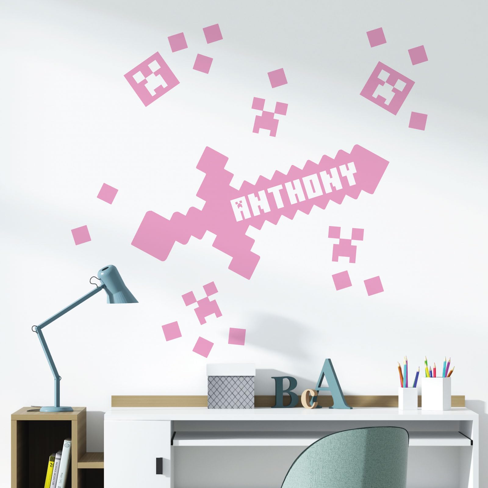 Gaming Mine Inspired Personalised Name - Gamers Bedroom Wall Sticker [Medium] [Pink]