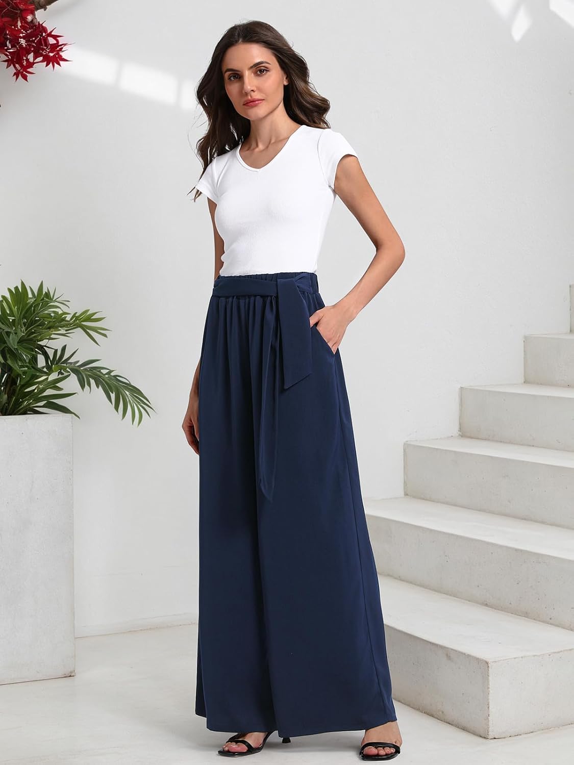 QIANXIZHAN Women's Wide Leg Pants, High Waisted Palazzo Pants Dressy Summer Flowy Casual Lounge Work Dress Pants Trousers WL - Image 3