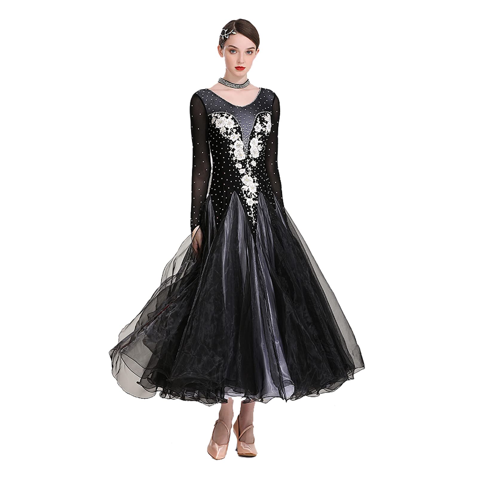 Abiti da Ballo da Sala A Maniche Lunghe Abbigliamento da Competizione National Standard Salsa Valzer Scollo Rotondo Costumi da Spettacolo Moderno Flamenco Strass Luccicanti,A,S