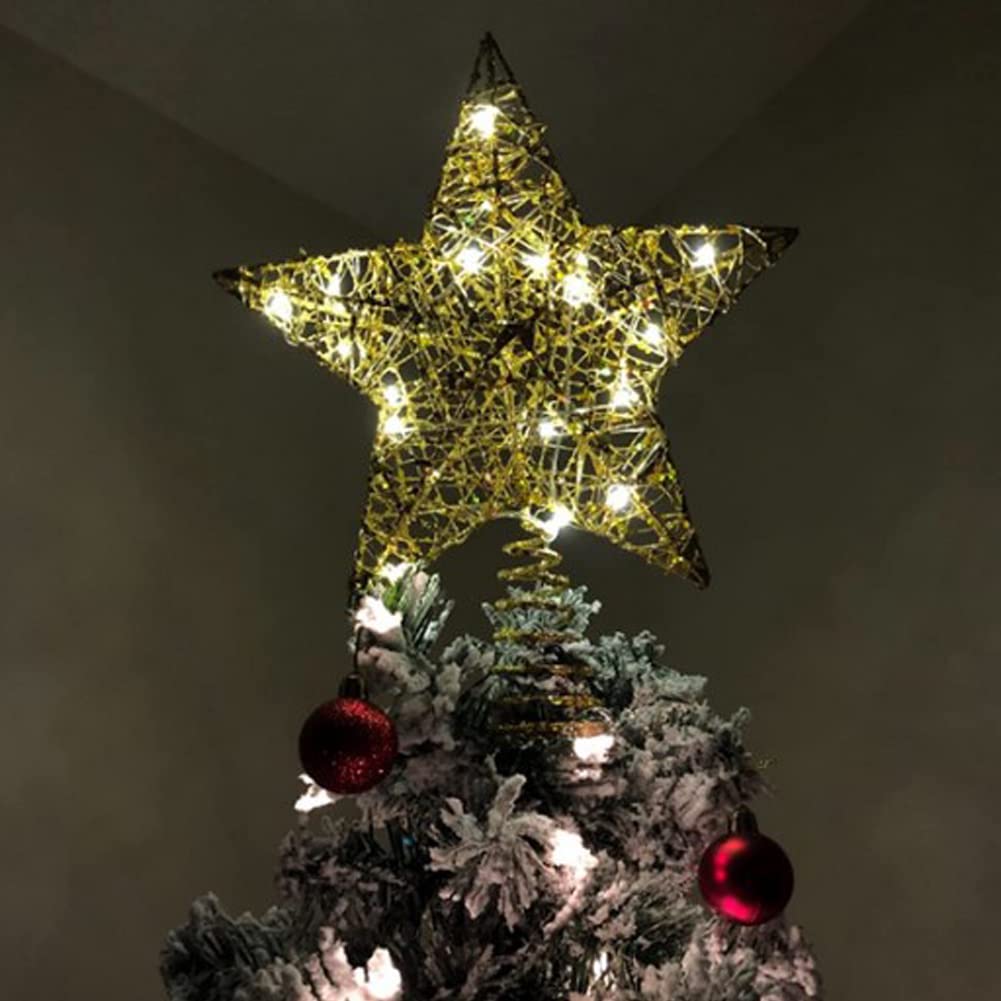 Estrella Arbol Navidad, con 15 Luces LED Decoración de árbol de Navidad con Golden de 25cm con Estrella de Metal para árbol de Navidad Decoración