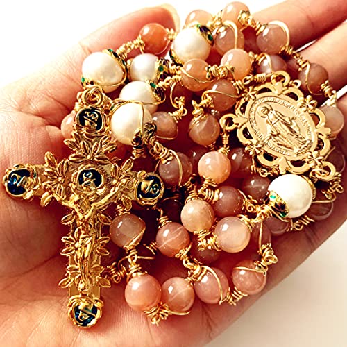 elegantmedical Handmade Wire Wrapped Orange Moonstone &10mm Real Pearl Beads Rosary Cross/Crucifix Necklace Box Catholic Womens Gift2
