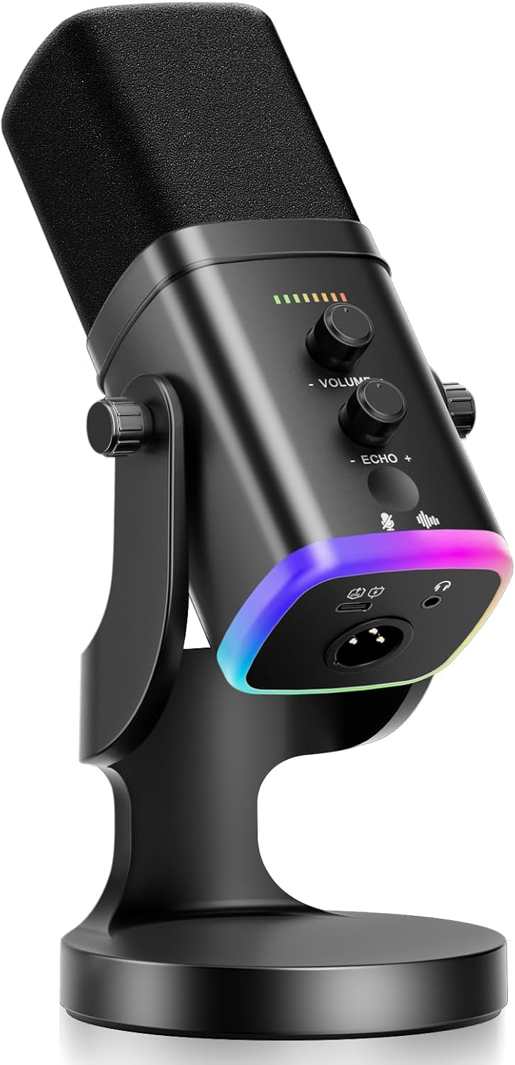 Facmogu XLR/USB Dynamic Microphone for Streaming Podcasting, YU8 RGB Light Gaming Streaming Mic with Desktop Stand, Gain Knob, Mute Button, Headphone Jack, PC Gamer Mic w/Echo Control for XBOX/PS4/PS5