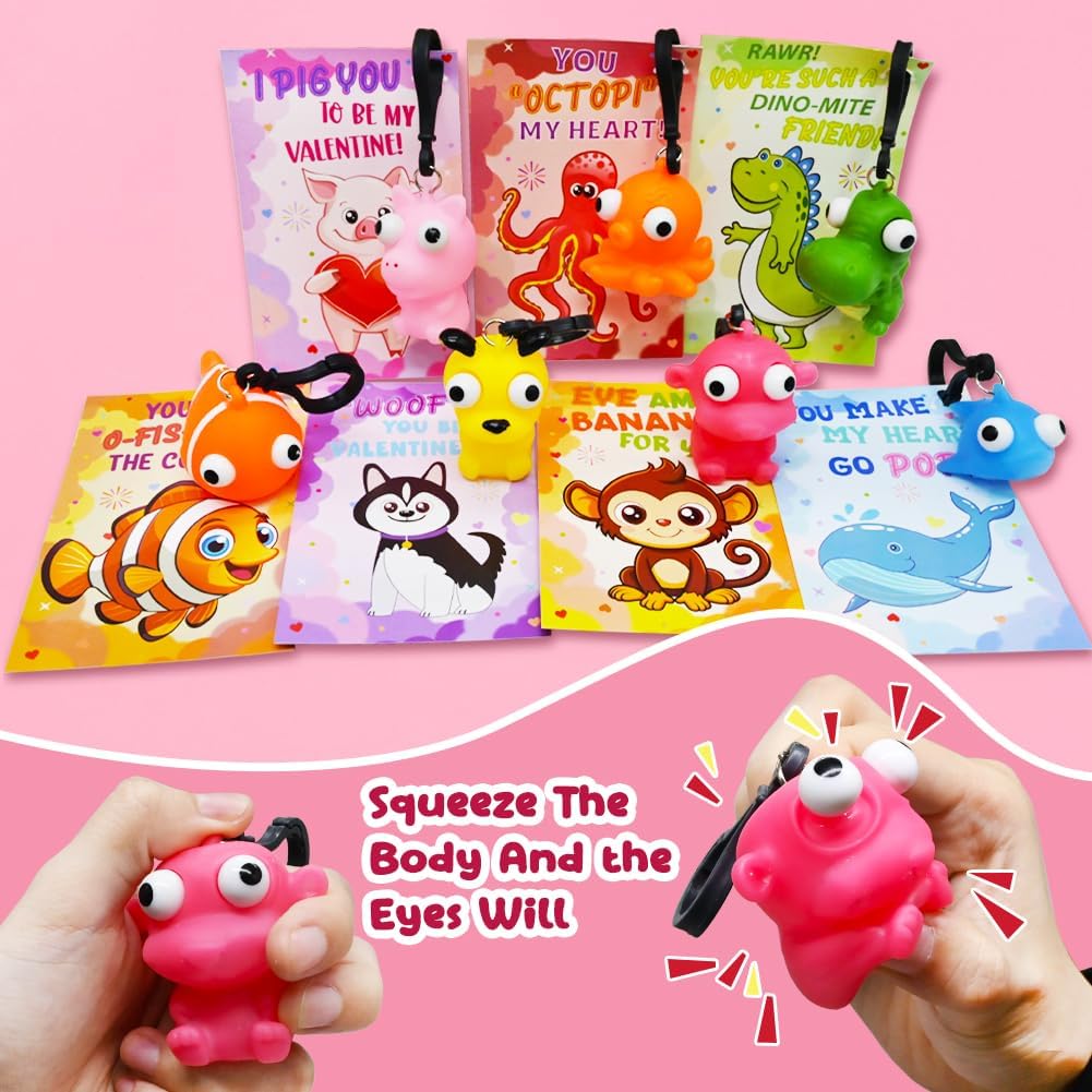 CAMIRUS 28PCS Valentines Day Cards with Popping Eyes Animal Squishy Fidget Toys, Cute Pop Out Eyes Squishies Keychains for School Classroom Valentines Exchange, Valentine Party Favors