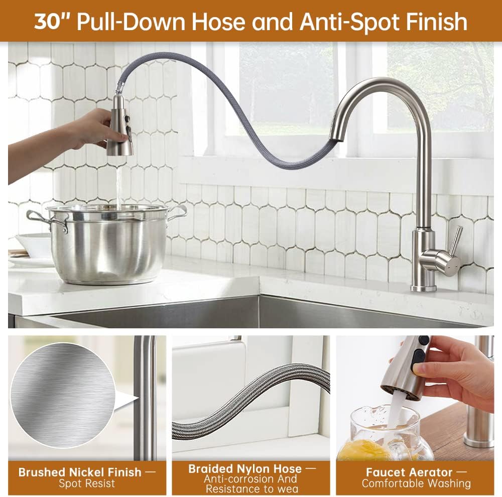 Kitchen Faucet with Pull Down Sprayer - AEEISEA Single Handle, Pull-Out Sprayer, Stainless Steel Kitchen Sink Faucets for Laundry, Bar, RV, and Farmhouse Sinks