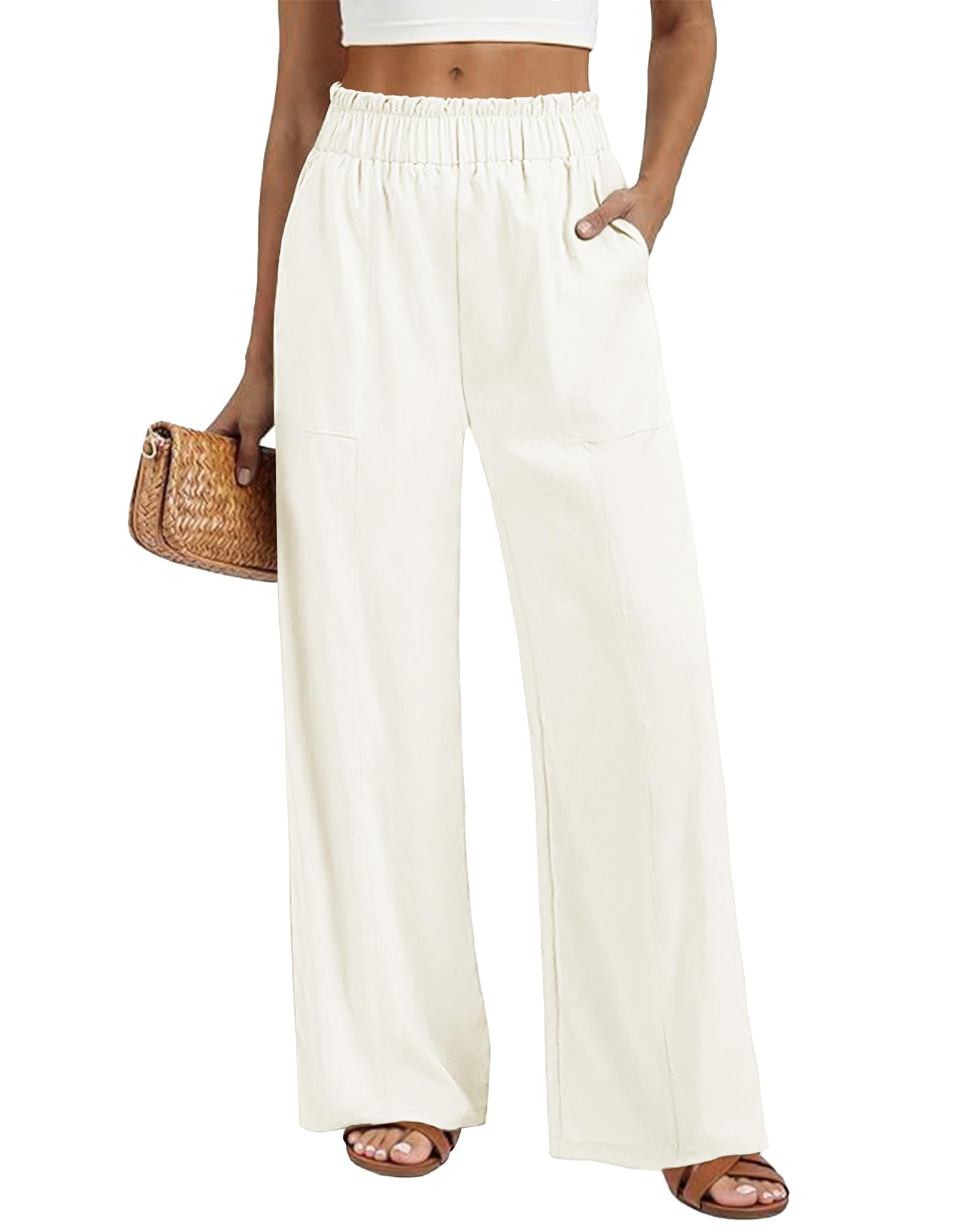 SEMARO Pantalones casuales de lino para mujer, de pierna ancha, cintura alta, estilo palazzo, holgados, trajes de vacaciones en la playa 2025