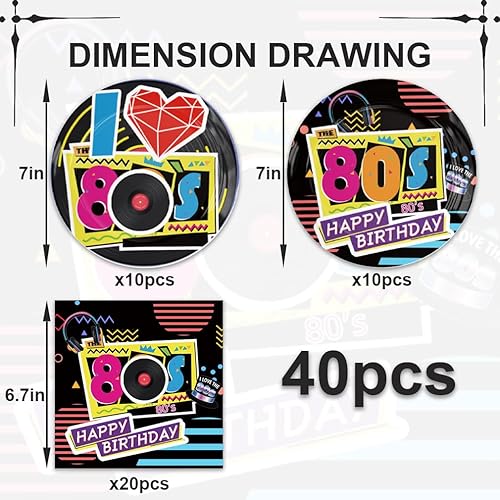 Miniatura 2 de Juego de 40 piezas de decoración de fiesta de los años 80 para cumpleaños de Baby Shpwer, juego de vajilla de cumpleaños de regreso a los 80,