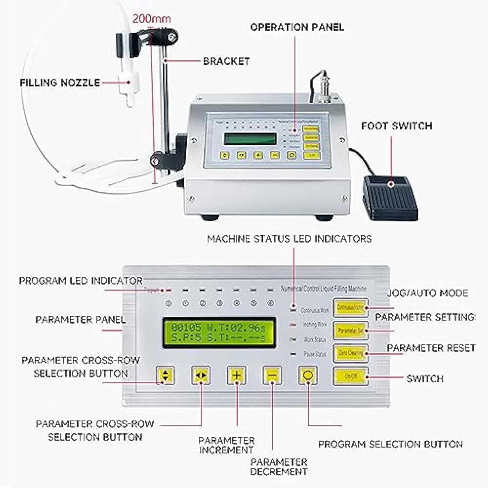 FURLOU Máquina de llenado de líquidos eléctrica de 3,5 l, máquina de llenado de Botellas de Control automático, Pantalla Digital LED, Bomba de diafragma, Boquilla a Prueba de Fugas, para Crema, Miel