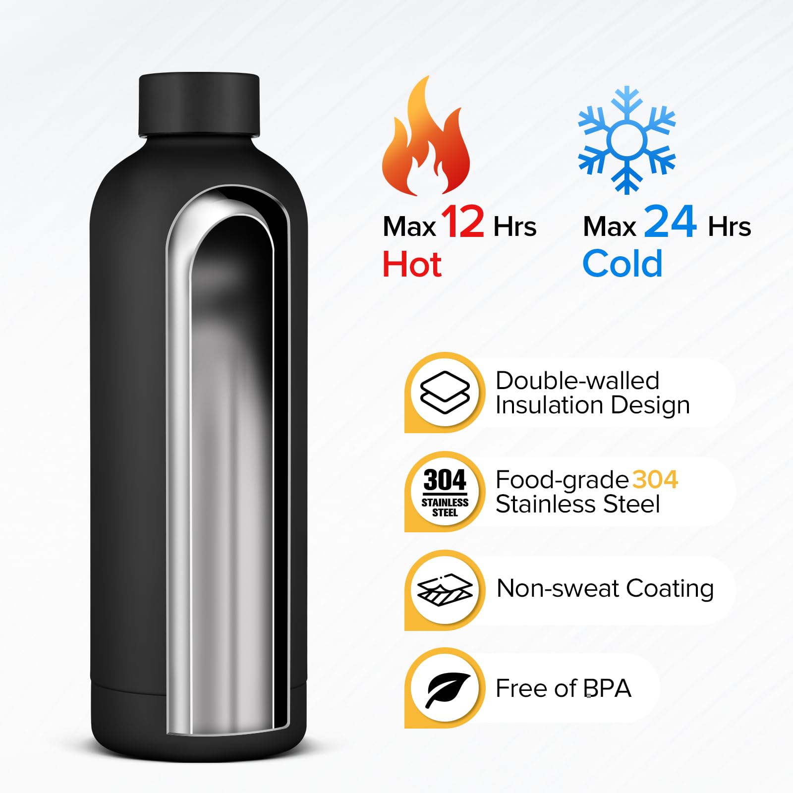 Insulated Water Bottle with Lid, 25 oz Reusable Leak-Proof Metal Stainless Steel Water Bottles for Travel, Sports, Gym, Outdoor (Black)
