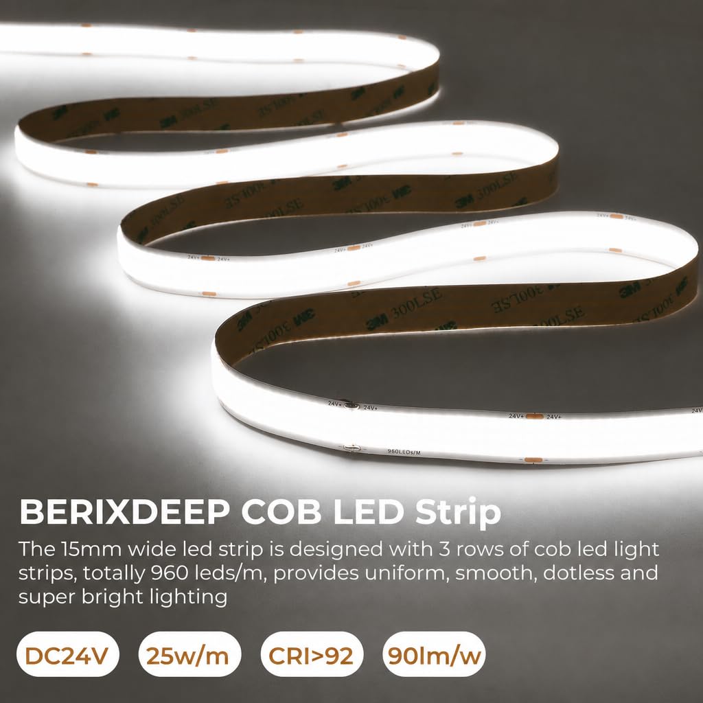 Striscia LED COB da 15 mm, 5 m, continua e senza punto, 3 file, 960 LED/m, 24 V, 25 W/m, 90 lm/W, CRI 92+, striscia LED bianca fredda, per decorazione industriale e commerciale (senza