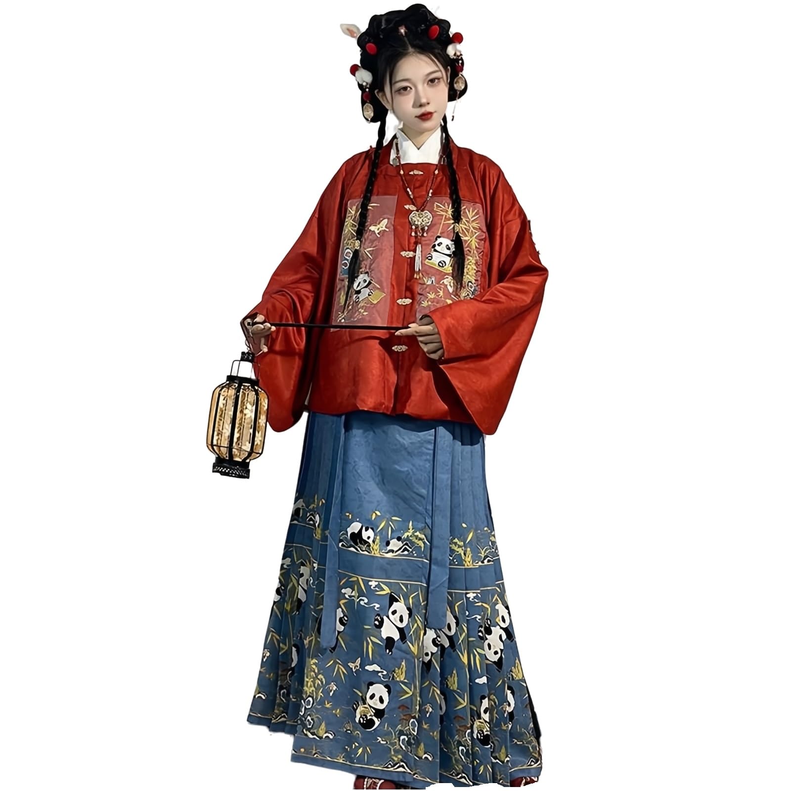 Chiński tradycyjny kostium Hanfu Dress, chińska od dla kobiet Płaszcz z haftowanym kołnierzem i pluszowa kurtka Spódnica z twarzą konia Noworoczna(Red,Medium)
