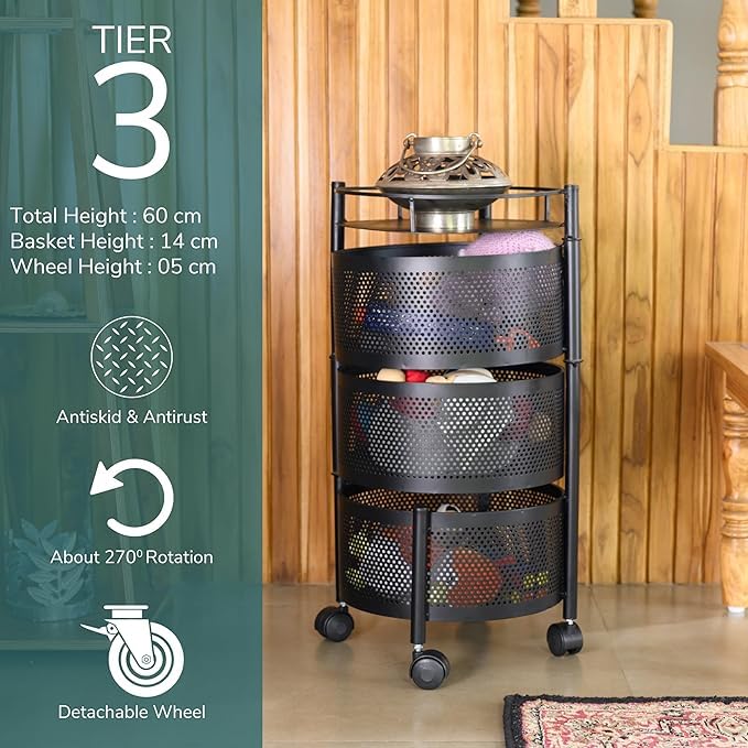 Image of KITCHIVO Kitchen Storage Rack | Revolving Vegetable Rack | Square Multipurpose Storage Trolley with Wheels | Metal Fruit Rack (Black Round, 3 Layer)