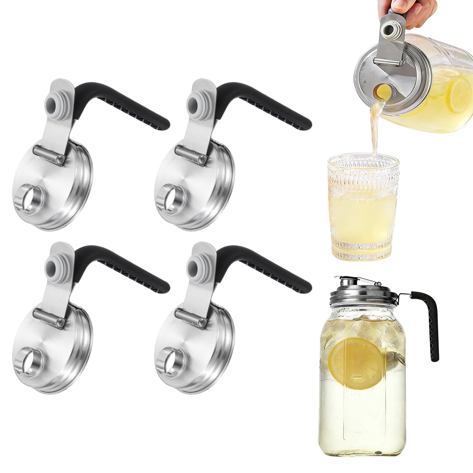 sourcing map Mason Jar Pour Lid with Handle, 4Pcs Mason Jar Pitcher Lid Stainless Steel Leak-Proof Spout Flip Cap Cover Regular Mouth for Drinking Kitchen Beverage Food Storage, Black โ image 1