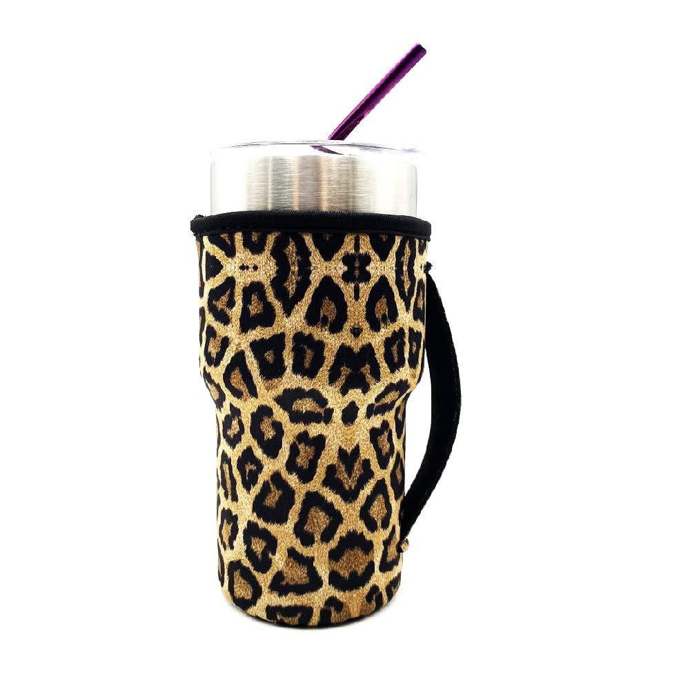 AJLTPANeoprene Insulated Sleeves Cup Holder with Handle for 20oz Tumbler Cups, Reusable Iced Coffee Sleeve Compatible with Starbucks Trenta, Dunkin Large, more(Leopard)