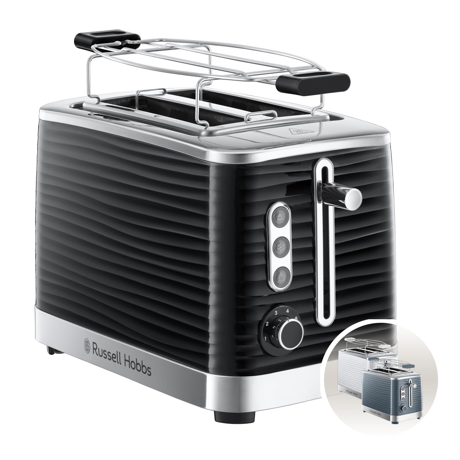 Russell Hobbs Ekmek kızartma makinesi [2 dilim için] Inspire siyah, yüksek kaliteli parlak yapılı (ekstra geniş tost yuvaları, ekmek başlığı, 6 kızartma kademesi + buz çözme ve ısıtma fonksiyonu)