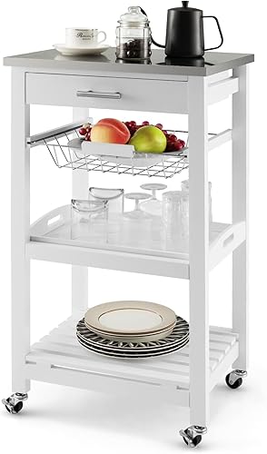 Giantex Carrito de isla de cocina, carrito de almacenamiento de cocina rodante con mesa de acero inoxidable, cajón, cesta y estante, carrito de