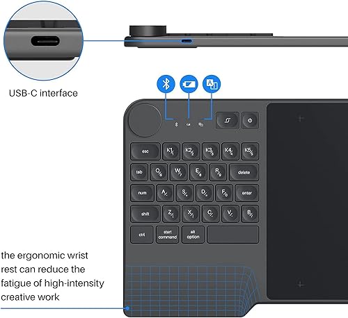 Miniatura 5 de Tableta de dibujo inalámbrica HUION Inspiroy Keydial KD200 Tableta gráfica Bluetooth con dial de teclado, 5 teclas expresas personalizadas,