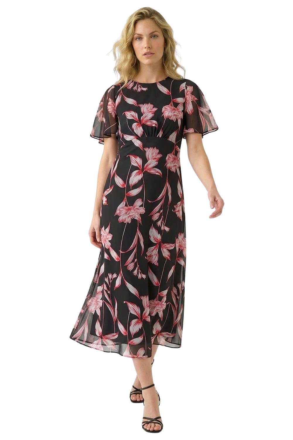 Roman Originals Leaf Print Back Tie Midi Dress for Women UK - Ladies Everyday Holiday Spring Summer Round Neckline Comfy Soft Evening Vacation Work Party - Red - Size 10