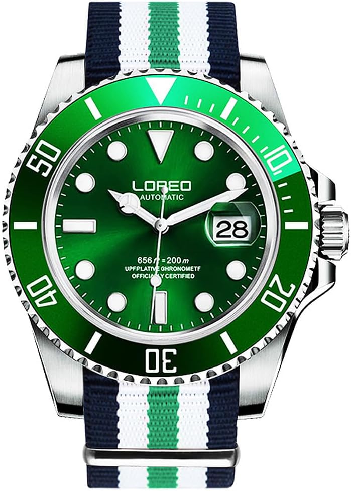 LOREO Mens Silver Stainless Steel Sapphire Glass Black Rotating Bezel Men's Automatic Watch