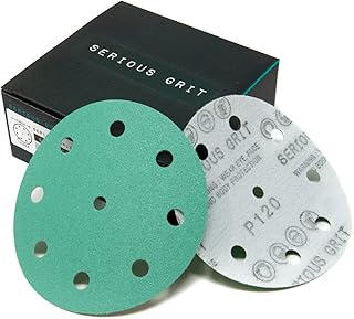 Serious Grit - 5-Inch 9-Hole 120 Grit Sanding Discs - Heavy-Duty Hook & Loop Velcro-Backed Film Discs - Sandpaper for Random Orbital Sanders - 50 Pack Box