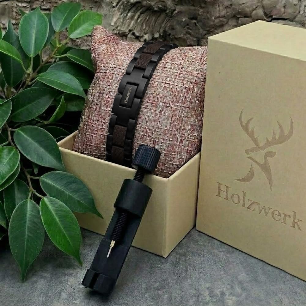Holzwerk PARKSEE Bracelet magnétique en bois naturel pour homme et femme Bracelet magnétique en bois Bracelet pour homme et femme Marron Noir Réglable