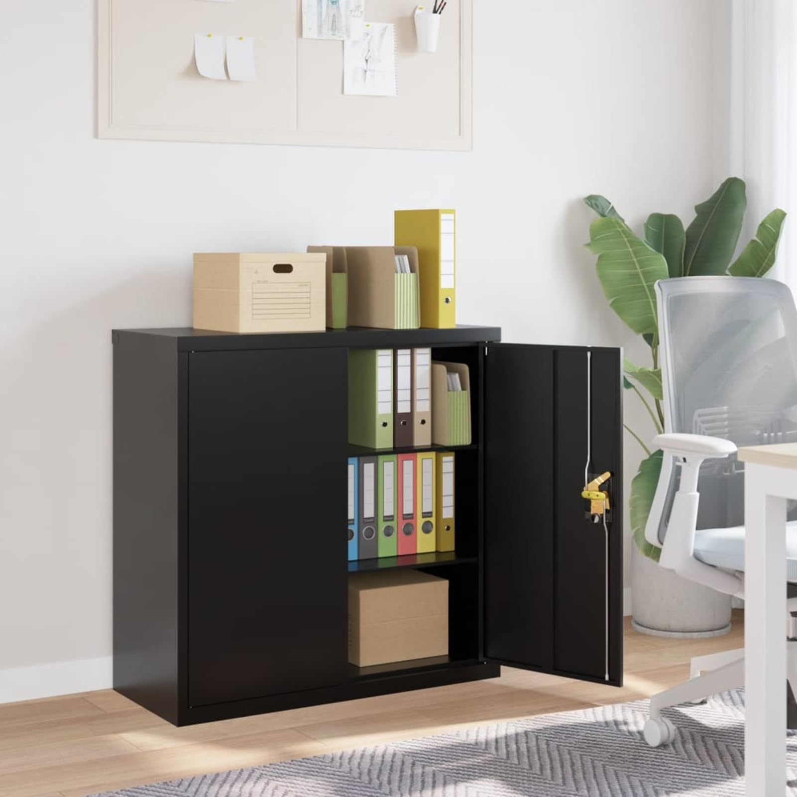 Homgoday Aparador de cocina, mueble portaobjetos con estantes para ahorrar espacio, mueble de almacenamiento para salón, dormitorio, oficina, armario, archivador, negro, 90 x 40 x 90 cm, de acero