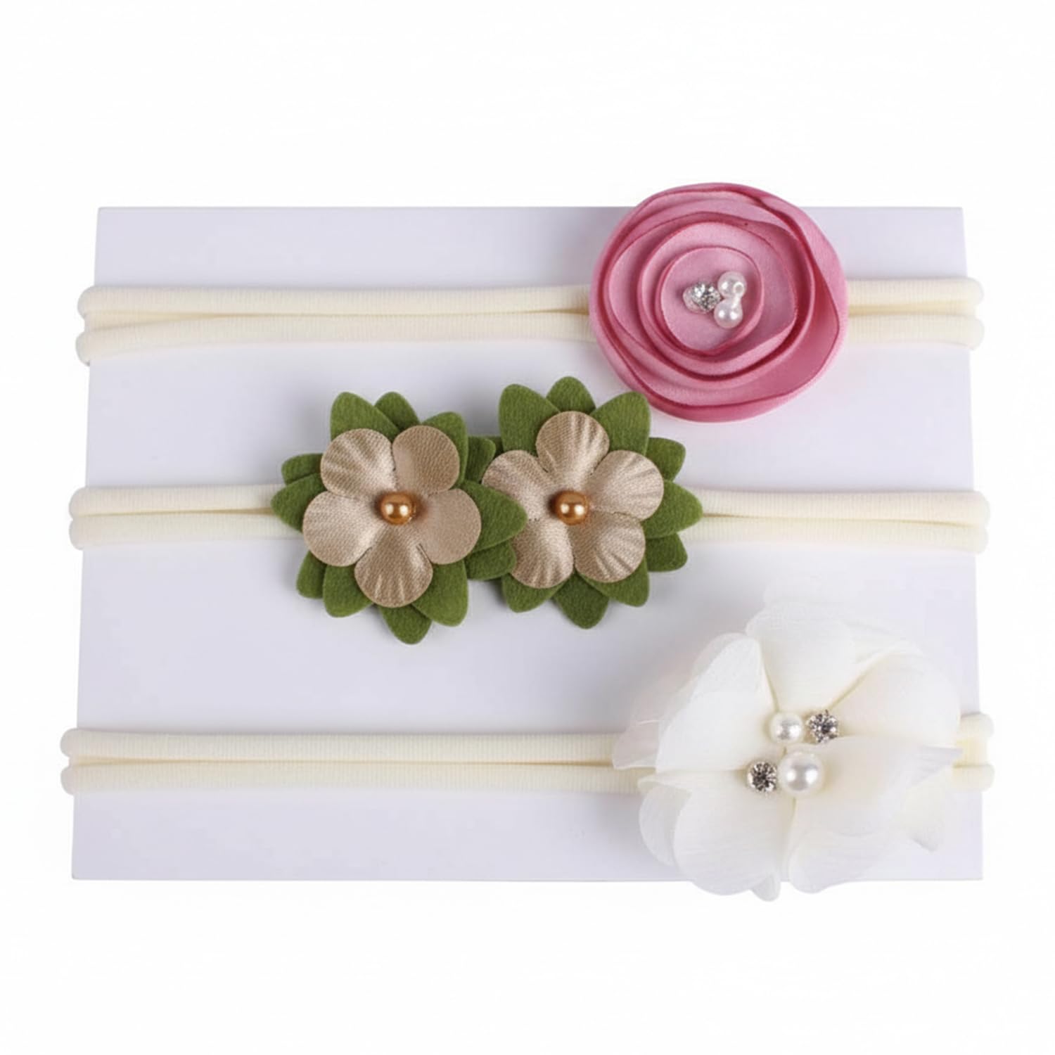 SYGA 3 Pcs Baby Headband Nylon Flower Stretchable HairBand for Newborn Infant Toddlers Kids 0-3 Yeare (Off-White)