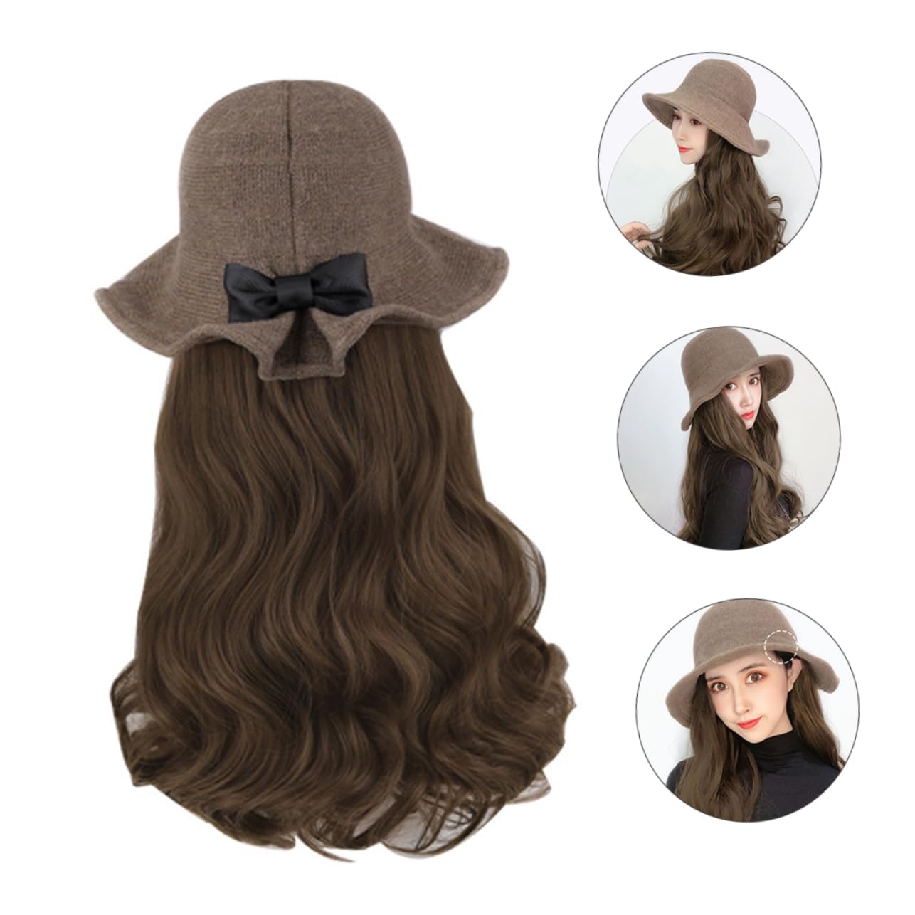 Sombrero de Peluca para Mujer Khaki, Tejido, Cabello Largo Ondulado