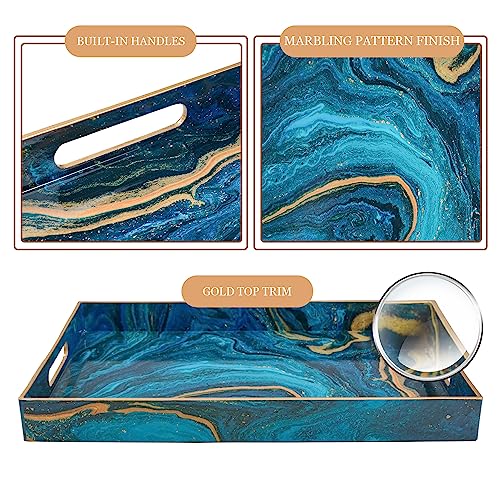 Maoname Plastic Decorative Tray, Marbling Tray With Handles, Rectangular Coffee Table Tray, Serving Tray For Ottoman, Bathroom, 15.7” X 11.8”, Blue #TOP3