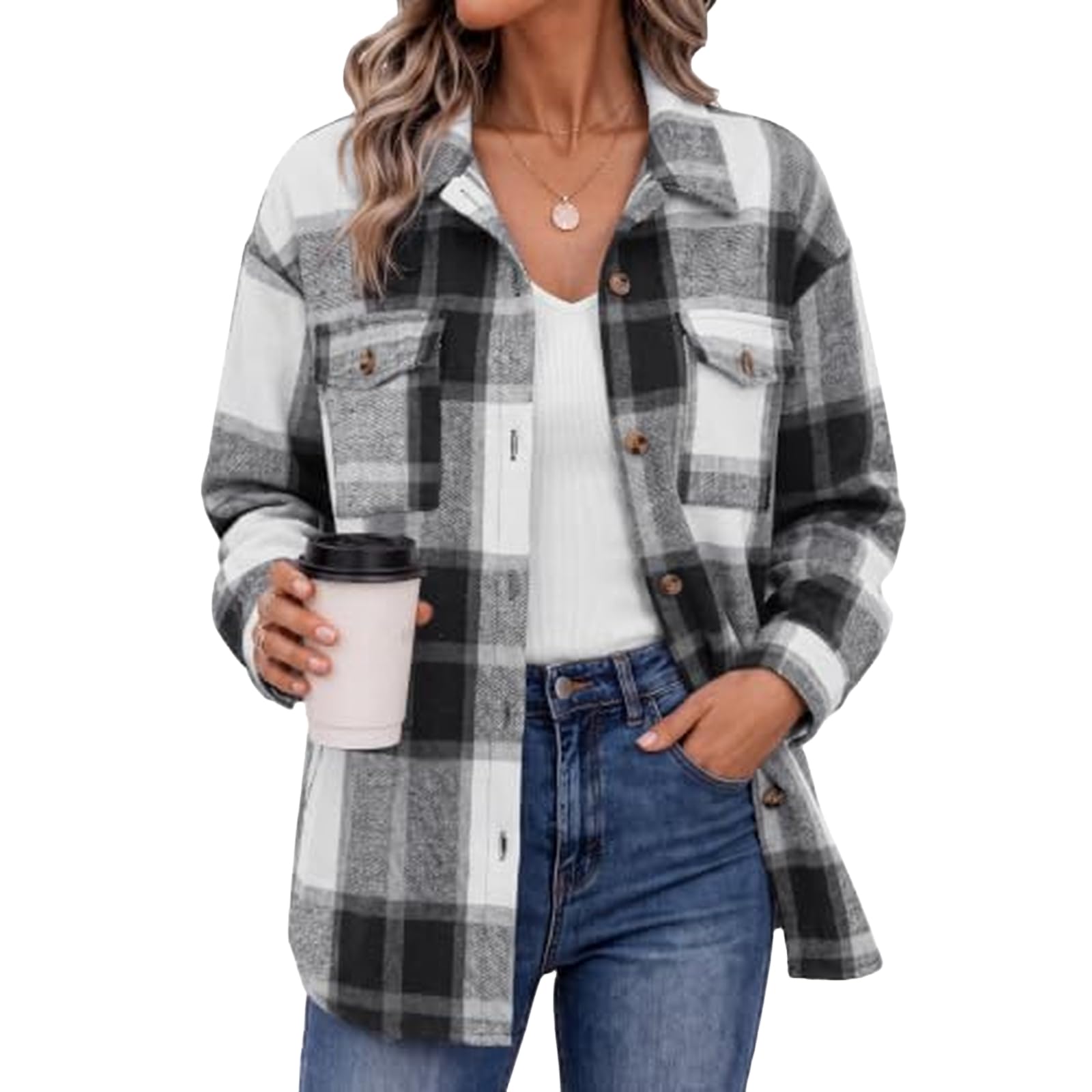 Hemdjacke Damen Kariert Lang Jacke Flanell Bluse Button-Down Jacket
