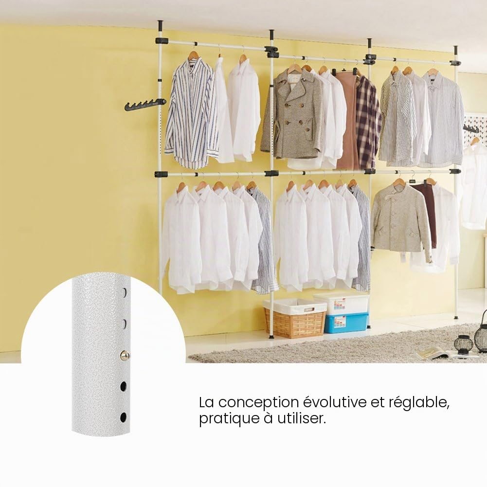 Systeme Penderie Telescopique Garde-robe Téléscopique Barre de Penderie Portant de Vêtement Système à vêtements télescopique Hauteur réglable 246-300cm Largeur réglable 230-330cm