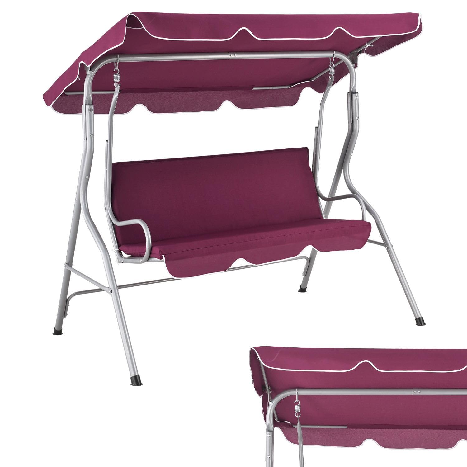 Juskys Columpio Hollywood de 3 plazas con Techo y cojín de Asiento — Columpio de jardín cargable hasta 200 kg — Banco de Columpio para jardín y terraza — Rojo