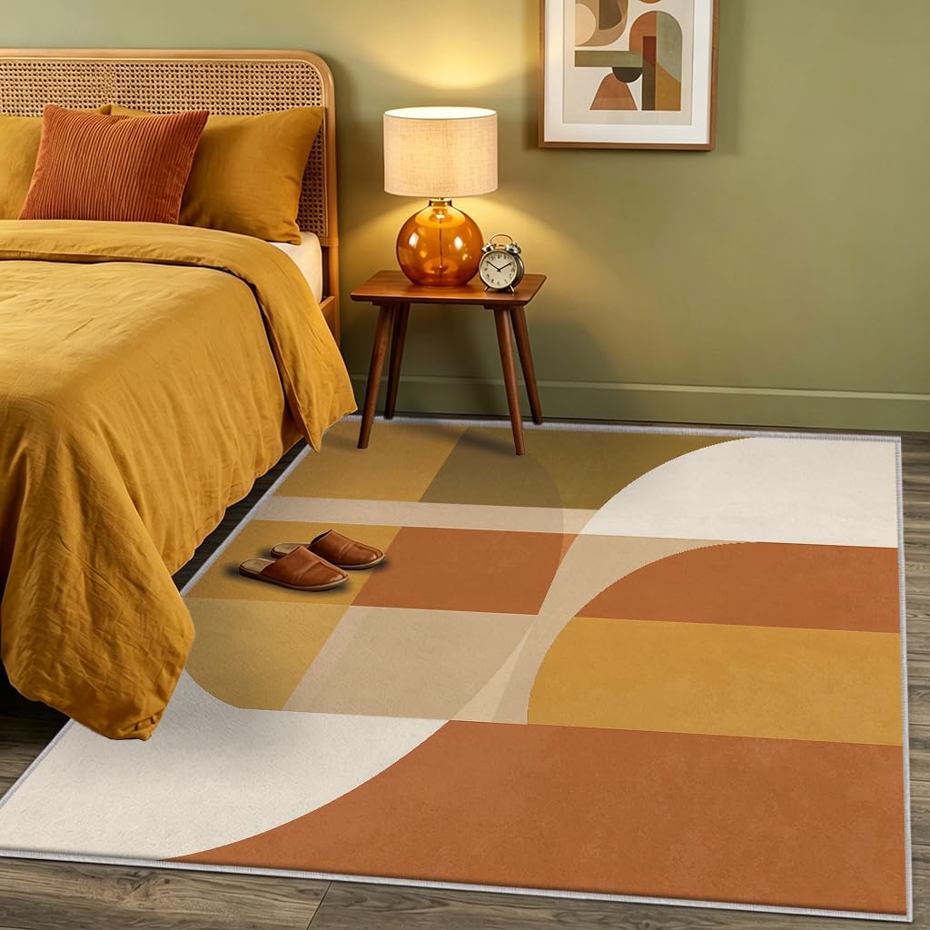 Teppich Geometrisch Wohnzimmer 140 x 200 | Mit Retro Orange Senf-Gelb Muster, Geeignet Schlafzimmer Bettvorleger, Kurzflor Rutschfest Waschbar, Geometrisch Deko