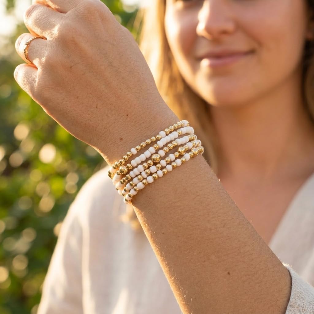 Gold Beaded Bracelets Stack Set for Women Handmade Summer Beach Jewelry Gift image 3