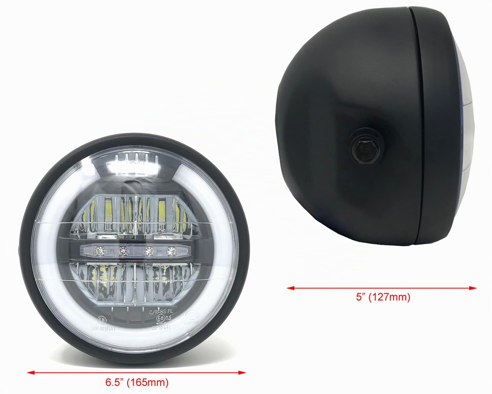 Faro LED per moto da 16,5cm | Luce di marcia diurna anabbagliante e Halo DRL | Omologata, vestibilità universale, finitura nera satinata per Cafe Racer | Modelli Roadster e Streetfighter