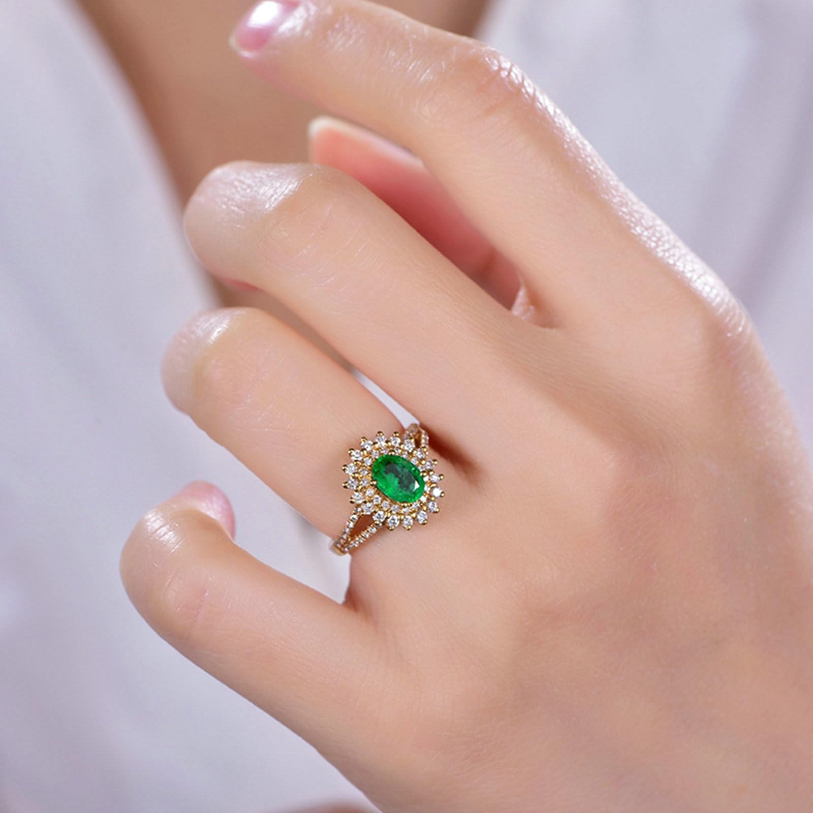 Anillo de boda para mujer, oro de 18 quilates, 14 quilates, 9 quilates, talla H 1/2-V 1/2, anillos de compromiso con girasol con esmeralda de 0,7 quilates y moissanita de 0,5 quilates