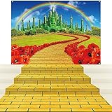 4Pack Yellow Brick Road Runner and Emerald Castle Backdrop for Wizard Party Decorations,Yellow Brick Stone Road Leading Emerald Castle Rainbow Background for Photography Halloween Princess Party Decor