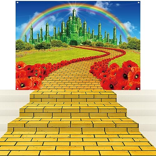 4Pack Yellow Brick Road Runner and Emerald Castle Backdrop for Wizard Party Decorations Yellow Brick Stone Road Leading Emerald Castle Rainbow Background for Photography Halloween Princess Party Decor