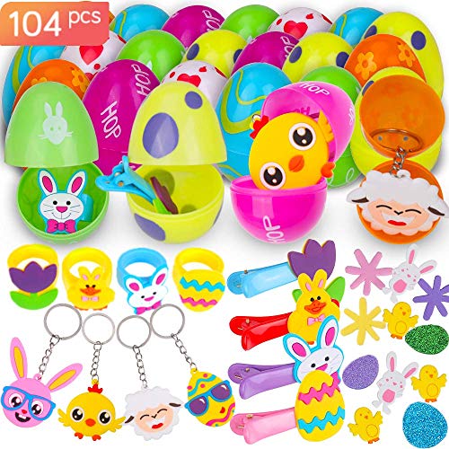 Fabur 12 PCS Huevos de Pascua con 12 PCS Mini Regalo de Juguete,Huevos de Plástico Precargados de Colores Brillantes con 80 PCS Pegatinas de Pascua