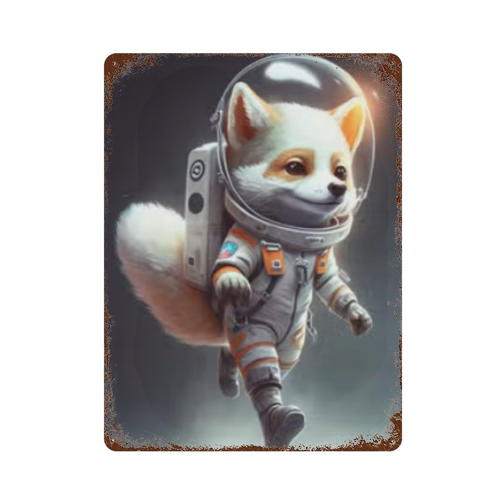 Vintage Rust Metal Sign Astronaut Space Wolf 15.7"x11.8", Shabby Chic Decor for Cafe, Home Bar And Lounge Decor