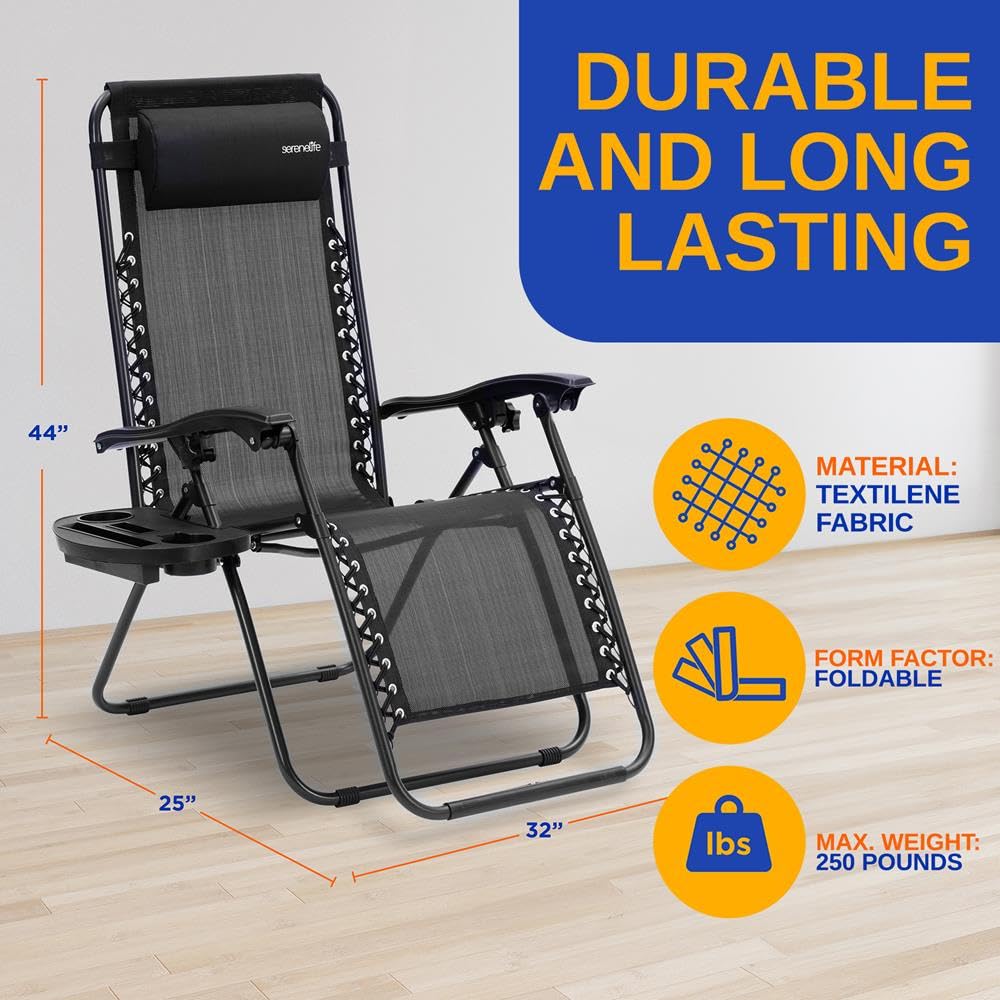 SereneLife Lot Set de 2 Chaises Pliantes - Chaise Longue Réglable pour Extérieur avec Table Latérale, Porte-Gobelets, Oreillers Amovibles - Patio, Jardin, Plage - Noir délavé
