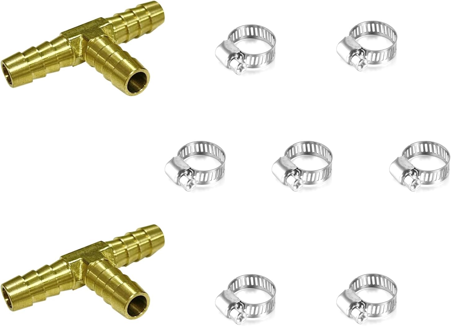 2 PCS 3/8"(10mm) Brass Hose Barb Tee Fittings For 3/8" ID Hose with 7 PCS Pipe Clamps Barbed Hose Fitting Intersection Split Splicer Joint Union Adapter Hose Rapair Kit，3 Way