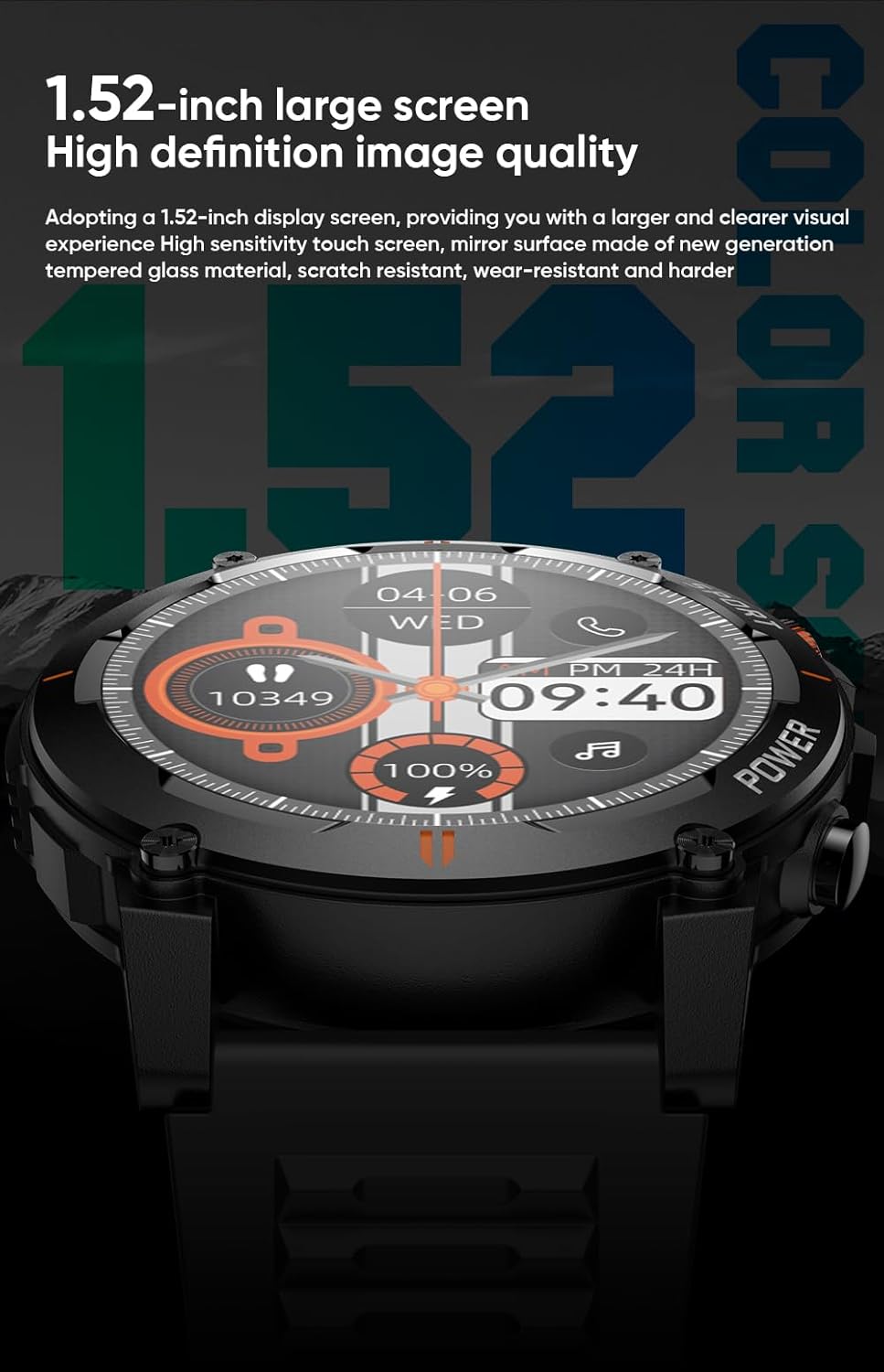 Men's smartwatch, LED flashlight/compass/30 Day battery/IP68 Waterproof 1.52 inch, 100+Sports Mode Fitness Tracker, Sturdy smartwatch for Android and iOS, All Black Silicone Strap