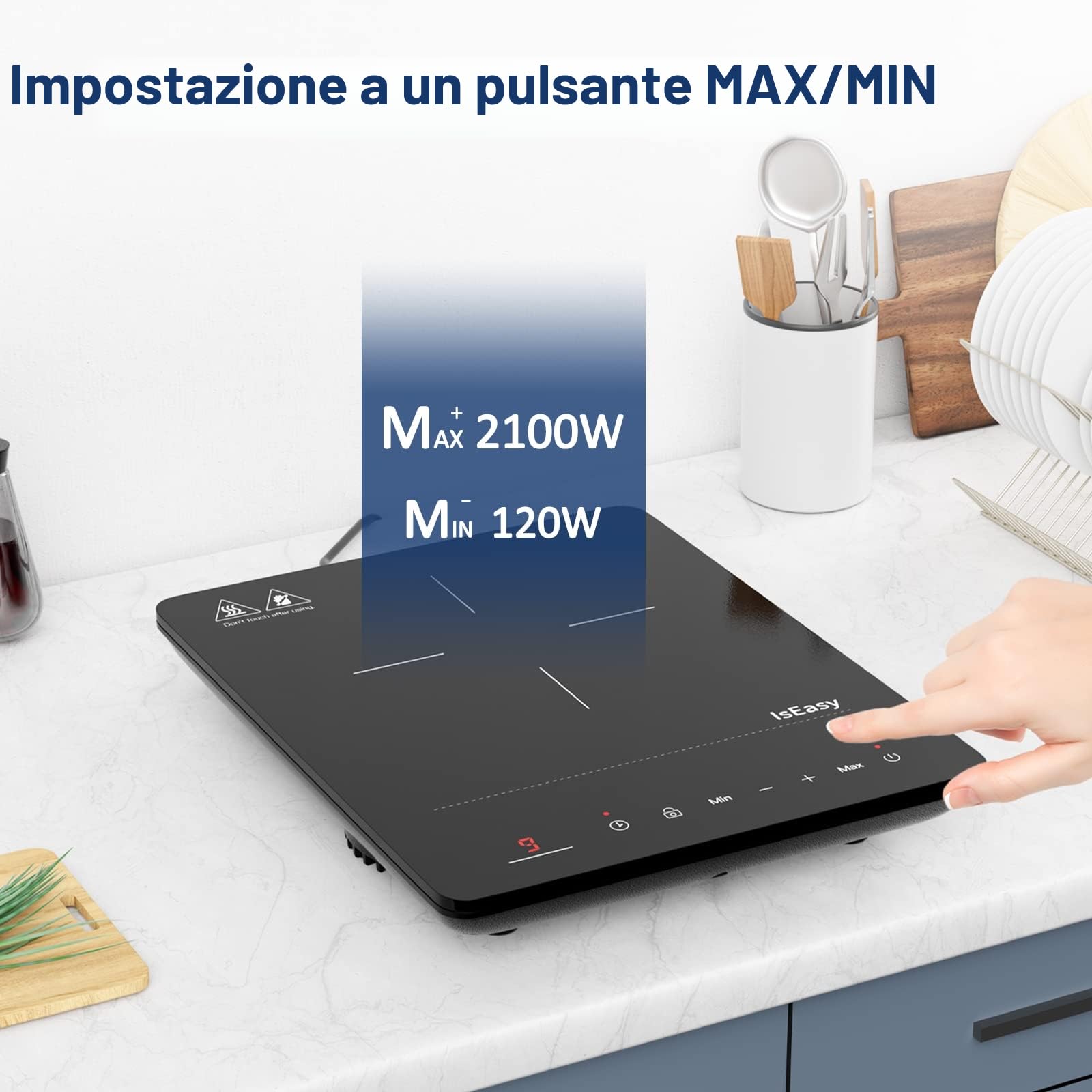 Piastra ad Induzione Portatile, IsEasy Piano Cottura Induzione, 2100 W, Piano Cottura, Timer da 8 ore, Sicurezza Bambini, Funzione Max & Min, Nero