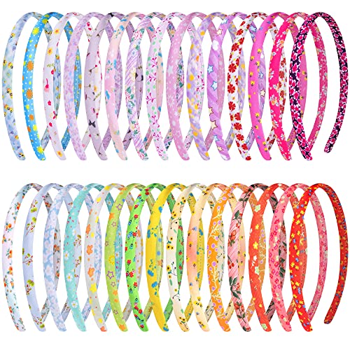 Duufin 30 Piezas Diademas de Satén Diadema Turbante Lisas Diadema Fina para Niña Mujer (Estilo de impresión, 1CM)